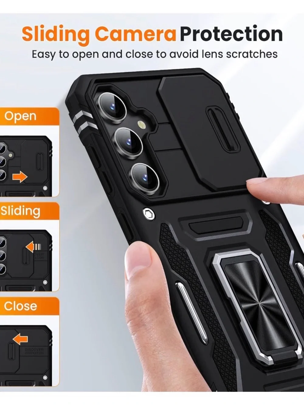 AUPAI Samsung Galaxy S24 Rugged Case Slide Camera Cover Ring Kickstand Black